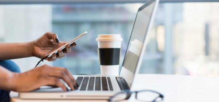 Free laptop on table top stock photo